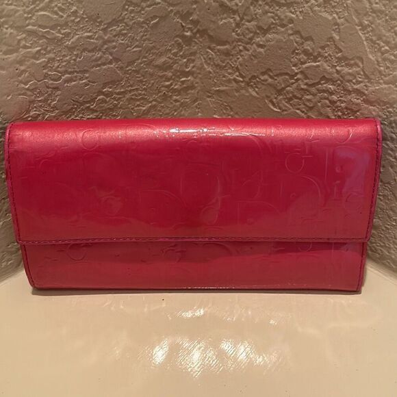 Dior Women's Ultimate Continental Long Wallet Red Patent Logo Embossed Trendy - Picture 1 of 15